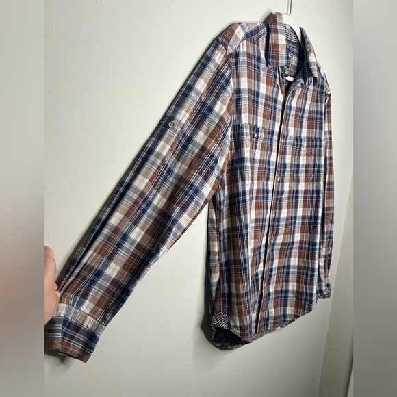 Johnston & Murphy Brushed Button Front Knit Shirt Navy Open Grid Plaid Medium - Picture 4 of 14